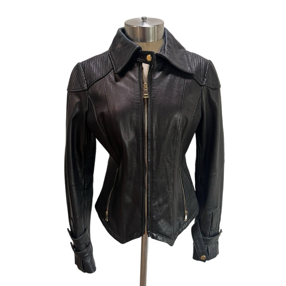 Bebe Black Leather Jacket Classic Tailored Design
